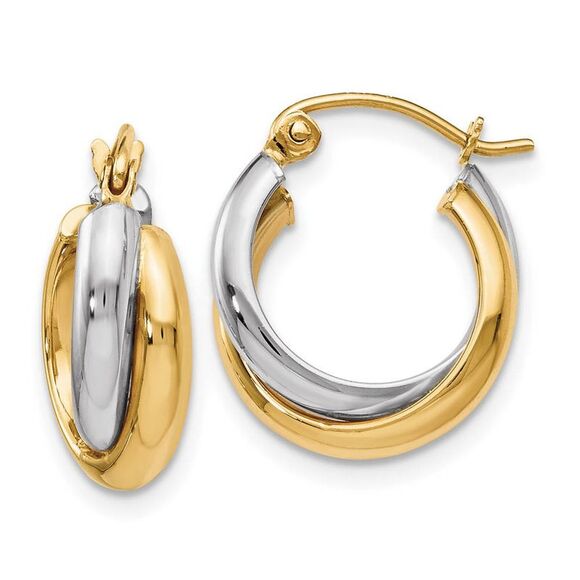 7mm Double Crossover Round Hoops in 10k Two Tone Gold, 15mm - Picture 1 of 5